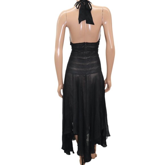 Y2K BCBGMaxazria Midi Dress Whimsigoth Silk Lace Gown Black Halter Neck 8 - Picture 7 of 7